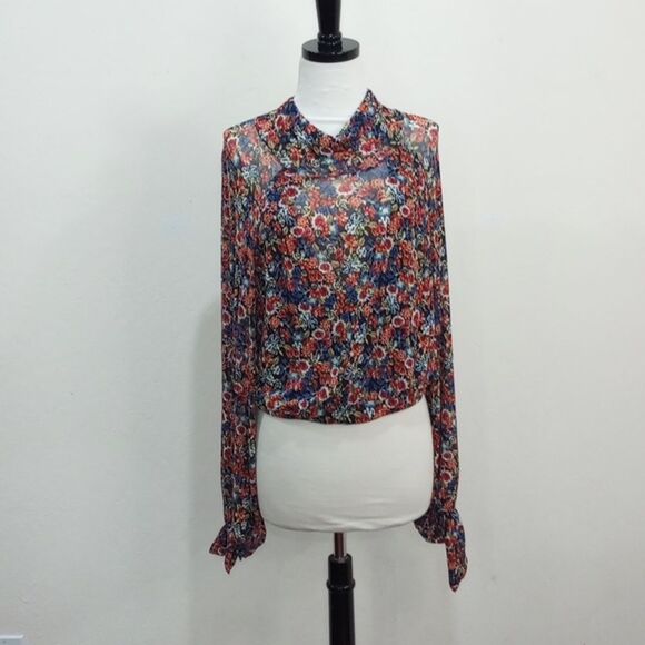 NEW! Free People All Dolled Up Floral Mesh Long Sleeve Crop Top  Black Combo - L - Picture 4 of 12